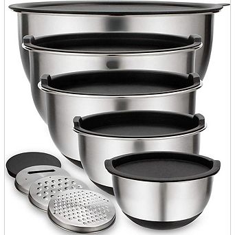 Great Ambitions 5 pc Stainless Steel Mixing Bowls Set with Lids & Grater,Nesting Design 0.63-5 QT