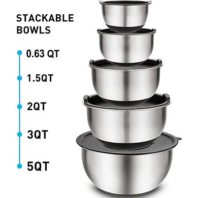 Great Ambitions 5-Piece Stainless Steel Mixing Bowls Set with Lids & Grater,Nesting Design 0.63-5 QT
