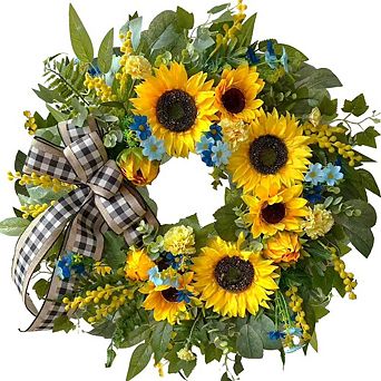 24" Front Door Wreath with Sunflowers, Daisies, and Linen Ribbon for Seasonal Home Décor