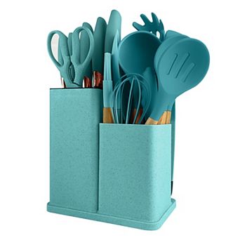 19 pc Silicone Cooking Utensils Set with Wooden Handle & Knife Set Block