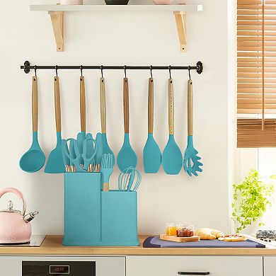 19 PCS Silicone Cooking Utensils Set with Wooden Handle & Knife Set Block