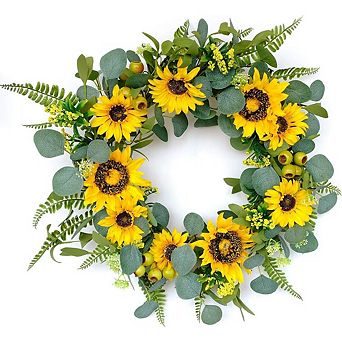 18 Inch Artificial Sunflower Wreath Rustic Farmhouse Front Door Decor
