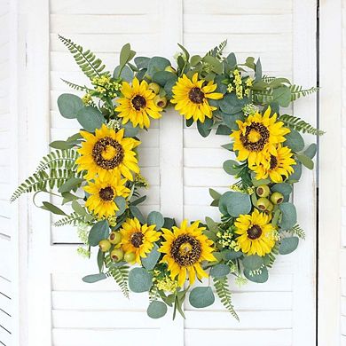 18 Inch Artificial Sunflower Wreath Rustic Farmhouse Front Door Decor