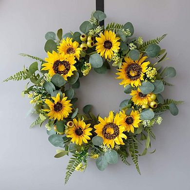 18 Inch Artificial Sunflower Wreath Rustic Farmhouse Front Door Decor