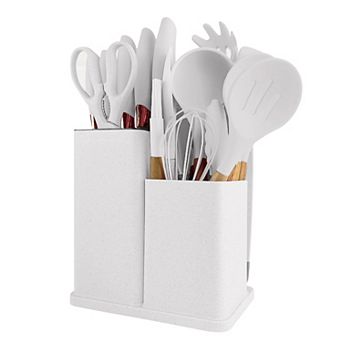 19 pc Silicone Cooking Utensils Set with Wooden Handle & Knife Set Block