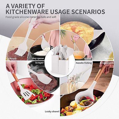 19 PCS Silicone Cooking Utensils Set with Wooden Handle & Knife Set Block