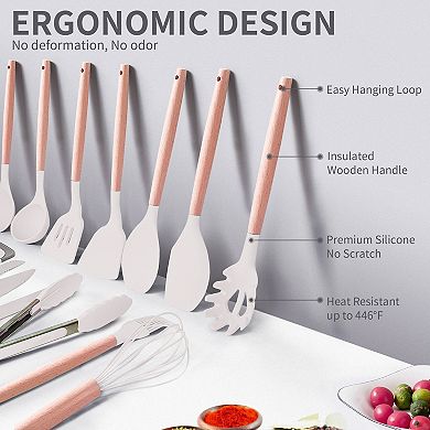 19 PCS Silicone Cooking Utensils Set with Wooden Handle & Knife Set Block