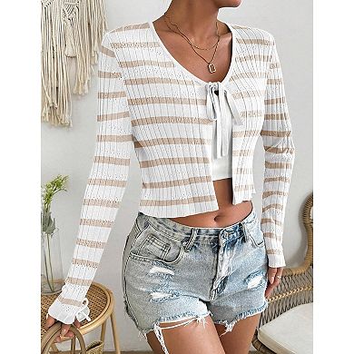 Women's Striped Cardigan Long Sleeve Tie Front Shrug Crop Top Sweater