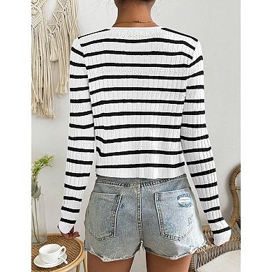 Women's Striped Cardigan Long Sleeve Tie Front Shrug Crop Top Sweater