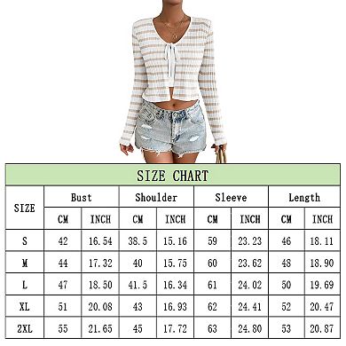 Women's Striped Cardigan Long Sleeve Tie Front Shrug Crop Top Sweater