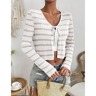 Women's Striped Cardigan Long Sleeve Tie Front Shrug Crop Top Sweater