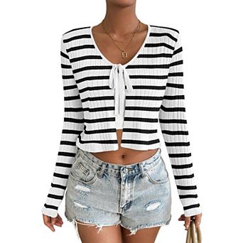 Women's Striped Cardigan Long Sleeve Tie Front Shrug Crop Top Sweater