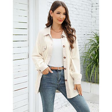 Women's Polar Fleece Shirt Jacket Button-Down Long-Sleeve Coat with Chest Pockets