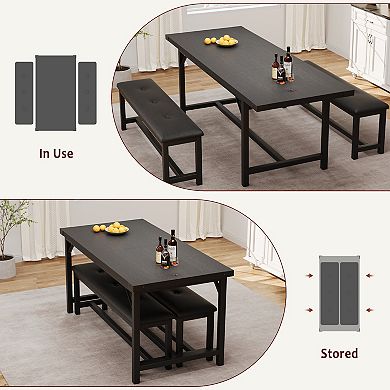3-Piece Retro Farmhouse Extendable Dining Set, 63" Stretchable Table with Upholstered Bench,for 4-6