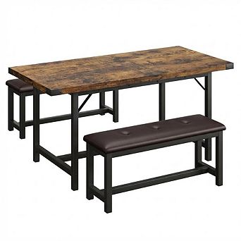 3 pc Retro Farmhouse Extendable Dining Set, 63" Stretchable Table with Upholstered Bench,for 4-6