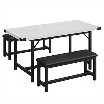 3 pc Retro Farmhouse Extendable Dining Set, 63" Stretchable Table with Upholstered Bench,for 4-6