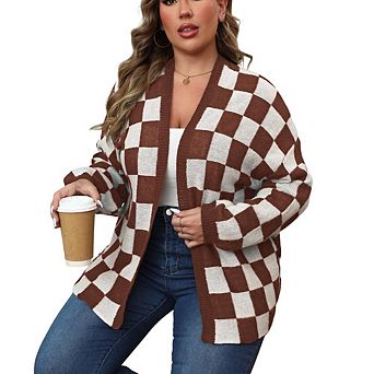 Women's Long Sleeve Oversized Sweater Checkered Cardigan Open Front Outerwear Tops