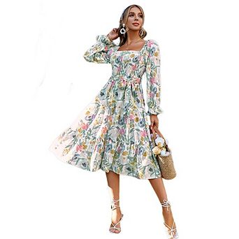 Women's Boho Floral Square Neck Midi Dress - Smocked Waist Flared Sleeve Wedding Guest Dress