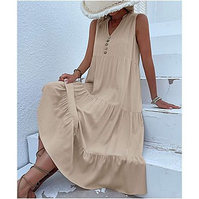 Women's Summer Dresses Midi Dresses Casual Button V Neck Sleeveless A Line Beach Vacation Sundress