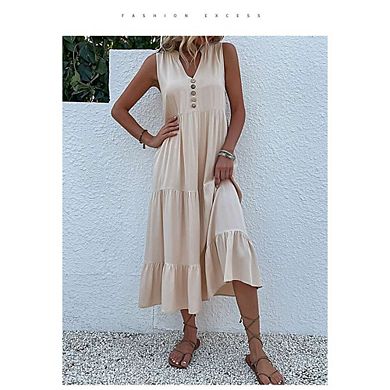 Women's Summer Dresses Midi Dresses Casual Button V Neck Sleeveless A Line Beach Vacation Sundress