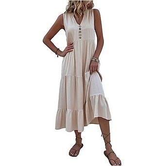 Women's Summer Dresses Midi Dresses Casual Button V Neck Sleeveless A Line Beach Vacation Sundress