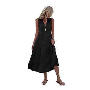 Women's Summer Dresses Midi Dresses Casual Button V Neck Sleeveless A Line Beach Vacation Sundress