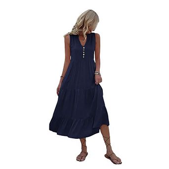 Women's Summer Dresses Midi Dresses Casual Button V Neck Sleeveless A Line Beach Vacation Sundress