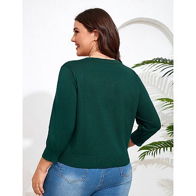 Women Plus Size Cardigan 3/4 Sleeve Crew Neck Button Down Sweaters Open Front Knit Bolero Shrugs