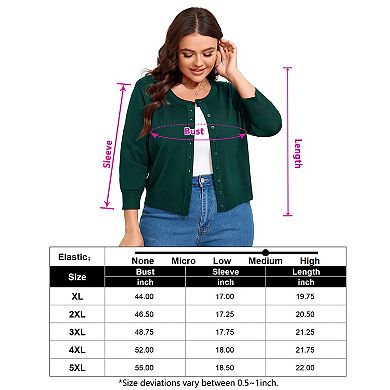 Women Plus Size Cardigan 3/4 Sleeve Crew Neck Button Down Sweaters Open Front Knit Bolero Shrugs