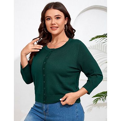 Women Plus Size Cardigan 3/4 Sleeve Crew Neck Button Down Sweaters Open Front Knit Bolero Shrugs