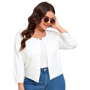 Women Plus Size Cardigan 3/4 Sleeve Crew Neck Button Down Sweaters Open Front Knit Bolero Shrugs