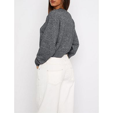 Women Button Front Crop Sweater Cardigan Crew Neck Long Sleeve Knit Fall Tops