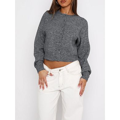 Women Button Front Crop Sweater Cardigan Crew Neck Long Sleeve Knit Fall Tops