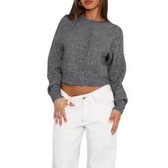 Women Button Front Crop Sweater Cardigan Crew Neck Long Sleeve Knit Fall Tops