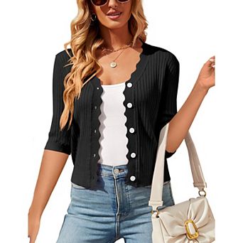 Women's Button Down Lightweight Cardigan Long Sleeve Ruffle V-Neck Cropped Bolero Shrug Sweaters