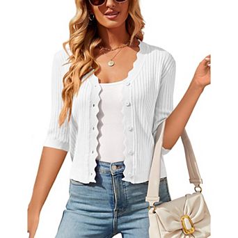 Women's Button Down Lightweight Cardigan Long Sleeve Ruffle V-Neck Cropped Bolero Shrug Sweaters