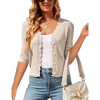 Women's Button Down Lightweight Cardigan Long Sleeve Ruffle V-Neck Cropped Bolero Shrug Sweaters