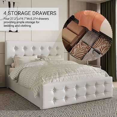 Bed Frame w/4 Storage Drawers and Headboard, Upholstered Platform Bed Frame w/Wooden Slats Support