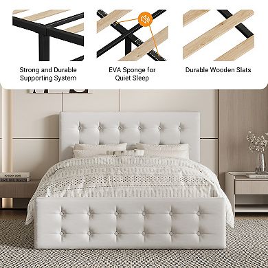 Bed Frame w/4 Storage Drawers and Headboard, Upholstered Platform Bed Frame w/Wooden Slats Support
