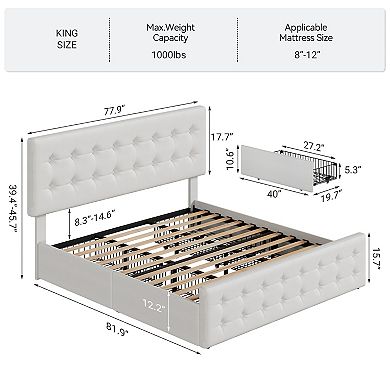 Bed Frame w/4 Storage Drawers and Headboard, Upholstered Platform Bed Frame w/Wooden Slats Support