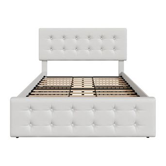 Bed Frame w/4 Storage Drawers and Headboard, Upholstered Platform Bed Frame w/Wooden Slats Support