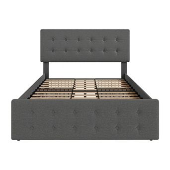 Bed Frame w/4 Storage Drawers and Headboard, Upholstered Platform Bed Frame w/Wooden Slats Support