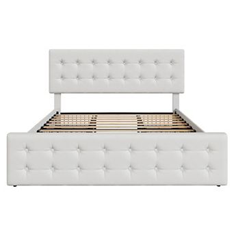 Bed Frame w/4 Storage Drawers and Headboard, Upholstered Platform Bed Frame w/Wooden Slats Support