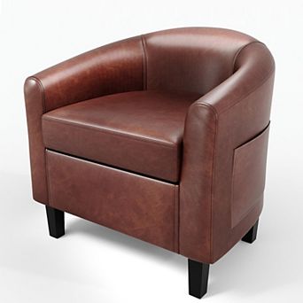 Faux Leather Barrel Chair,Accent Club Chair w/U-Shaped Backrest & Soft Padded Seat,Elegant Armchair