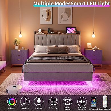 Floating Bed Frame w/LED Lights & USB Charging Station, Modern Upholstered Platform Bed w/Headboard