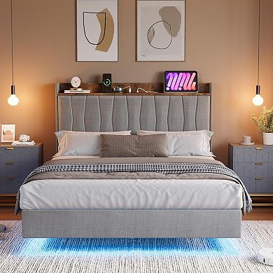 Floating Bed Frame w/LED Lights & USB Charging Station, Modern Upholstered Platform Bed w/Headboard