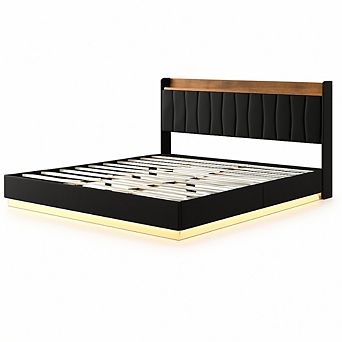 Floating Bed Frame w/LED Lights & USB Charging Station, Modern Upholstered Platform Bed w/Headboard