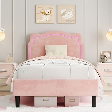 Twin Upholstered Smart LED Bed Frame with Headboard, Velvet Princess Platform Bed Frame for Kids