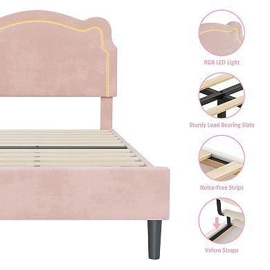 Twin Upholstered Smart LED Bed Frame with Headboard, Velvet Princess Platform Bed Frame for Kids