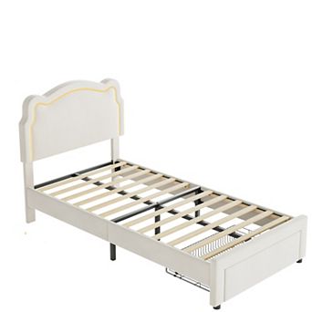 Twin Upholstered Smart LED Bed Frame with Headboard, Velvet Princess Platform Bed Frame for Kids